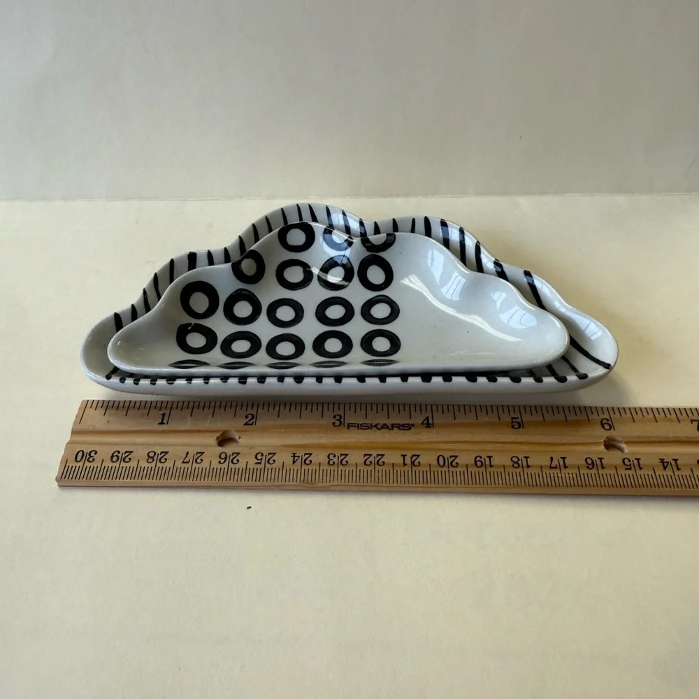 2 West Elm Cloud Ceramic Trinket Dishes in Black & White Geometric Designs.